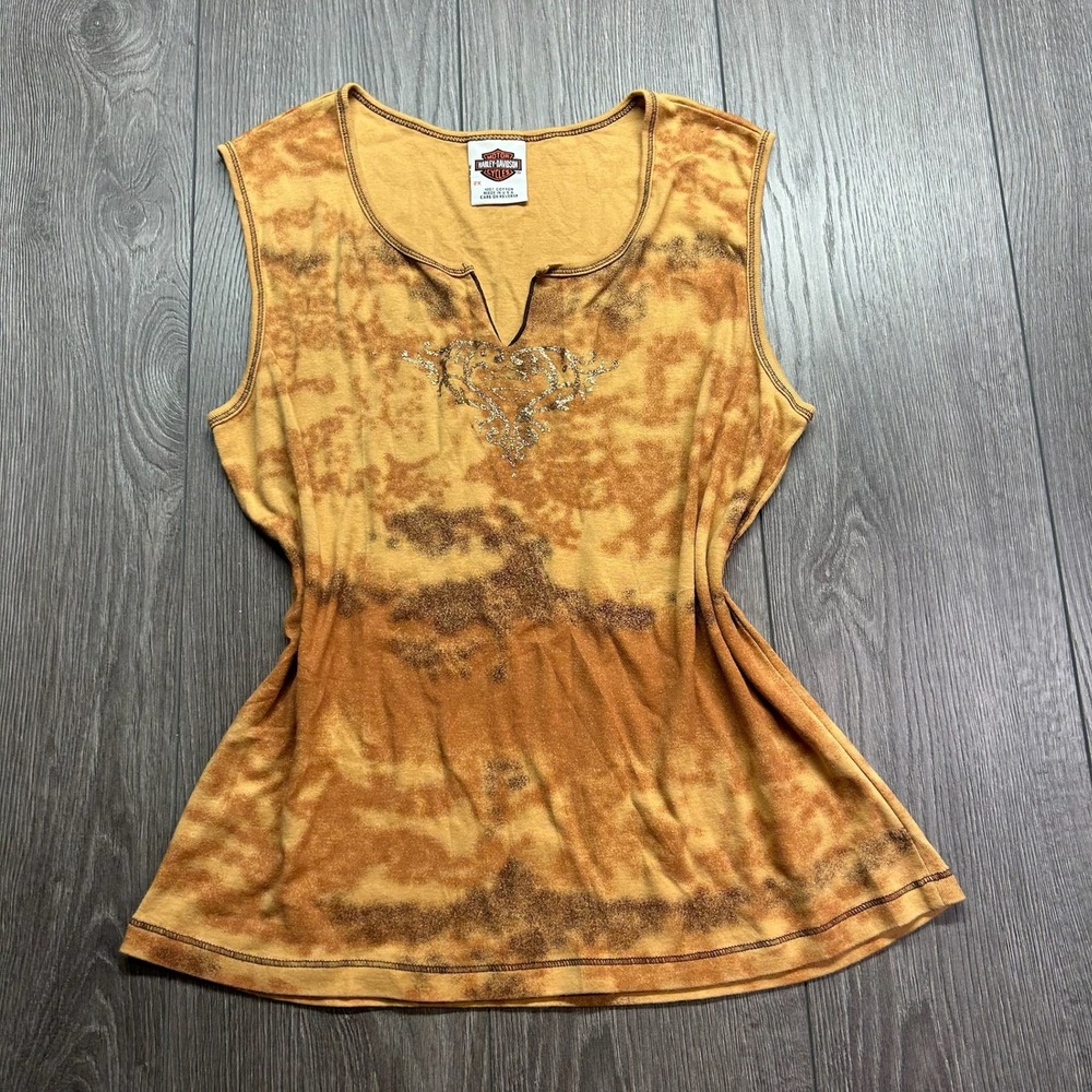 Harley-Davidson Womens 2X Y2K Acid Wash Sleeveless Top Glitter Heart Graphic USA